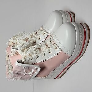 Women’s Platform Wedge Ankle Boots Sz 36 Pink White Lace Brogue Retro Cosplay